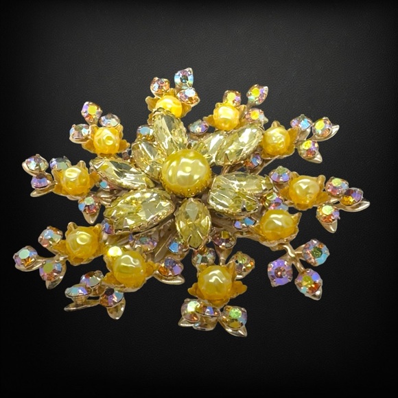 Vintage Layered Faux Pearl, AB Crystal & Citrine “Snowflake” Brooch - Picture 4 of 7